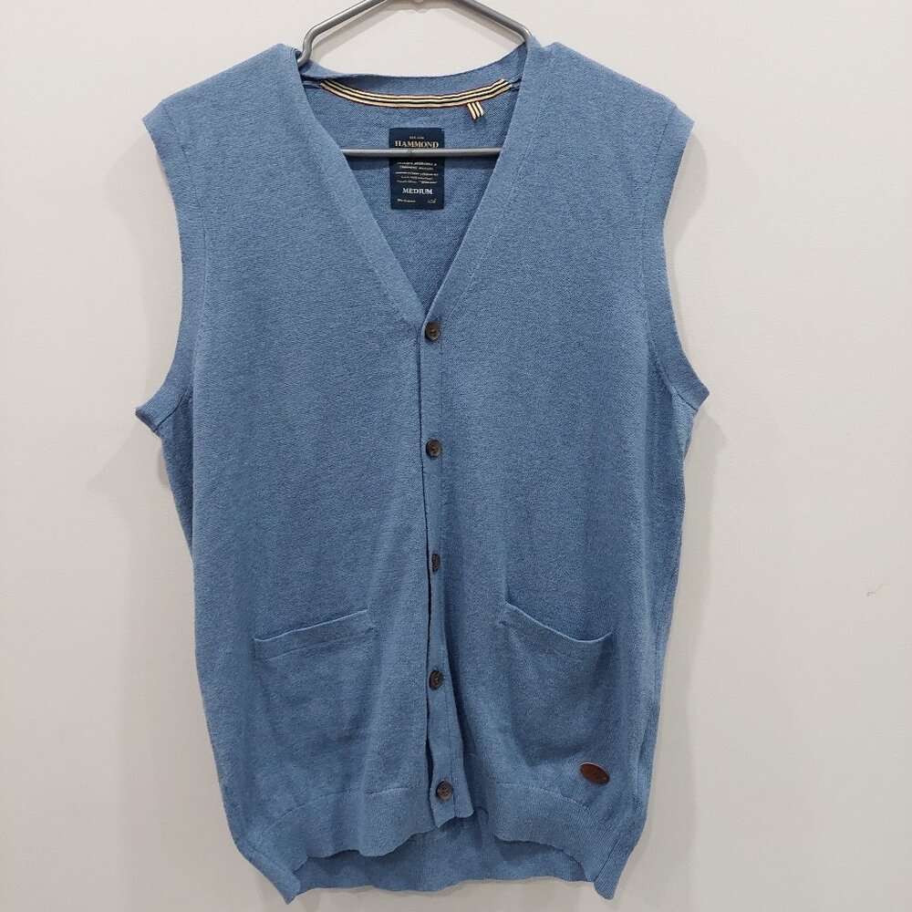 HAMMOND Blue Knitted Sleeveless Cardigan Vest Button-up Front & Pockets Men's M